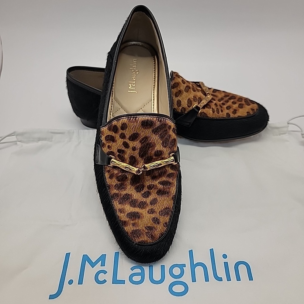 J.Mclaughlin Dillon Calf Hair Black Loafer Shoes Women's‎ Sz 6 Gold Bit Leopard